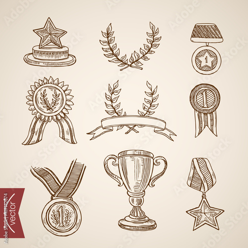 Cup trophy medal win winner attribute engraving vintage vector
