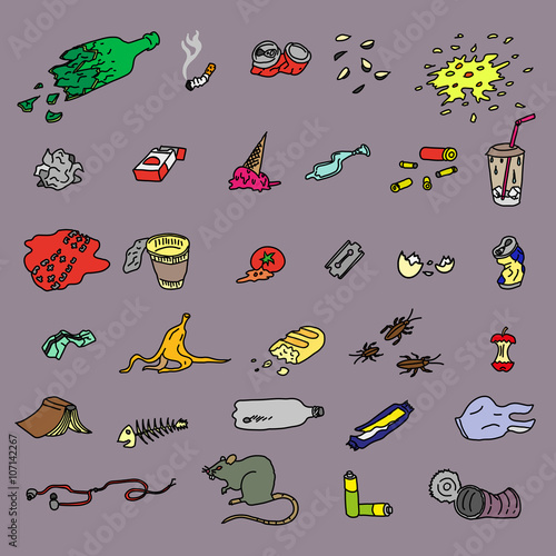 Set of street garbage and waste in doodle style.