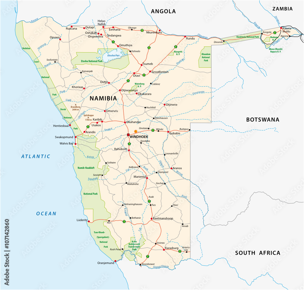 Namibia National Parks Map Detailed Roads And National Park Map Of Namibia Stock Vector | Adobe Stock