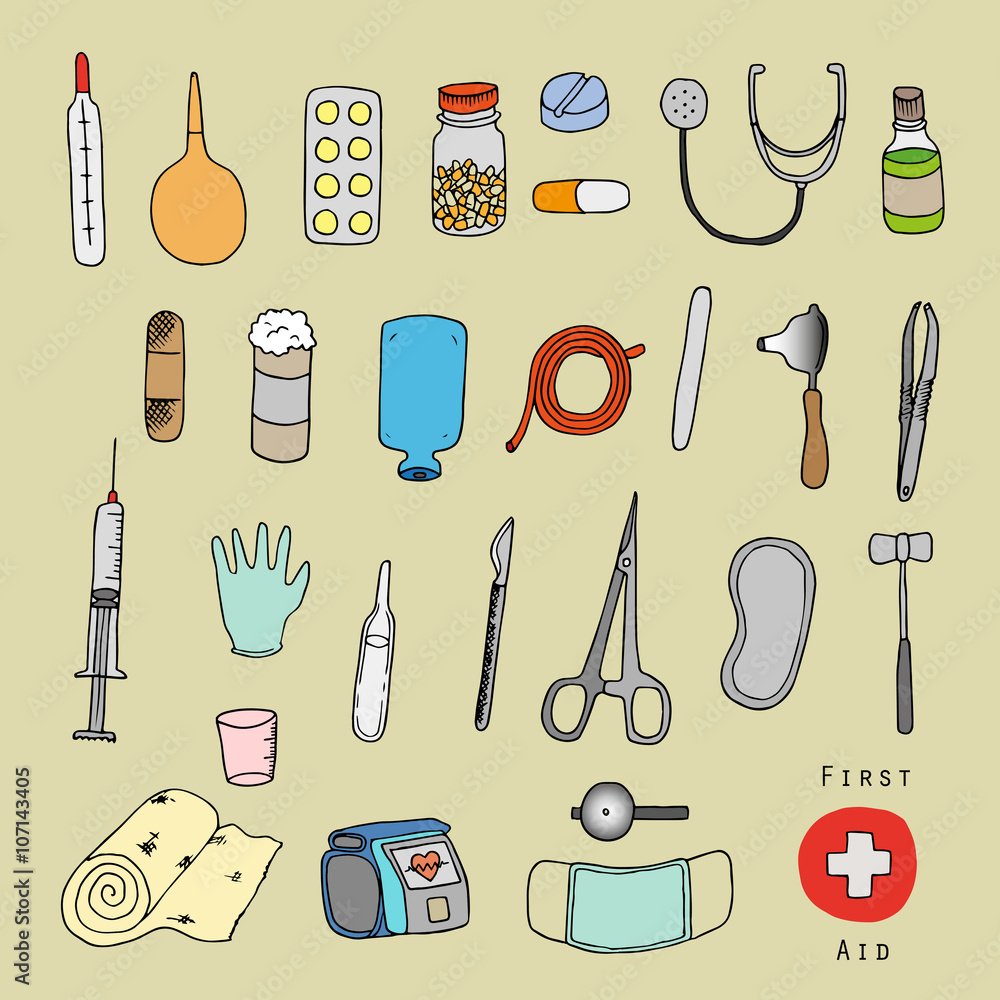 Obraz premium First aid. Medical equipment. Freehand illustration.