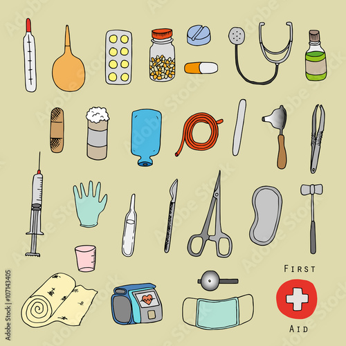 First aid. Medical equipment. Freehand illustration.