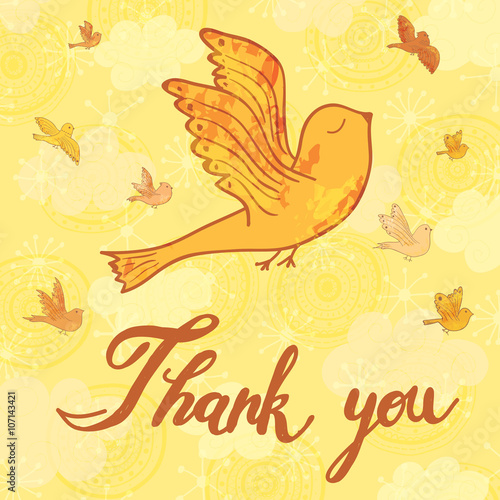 Greeting card Thank you with birds and hand-drawn text