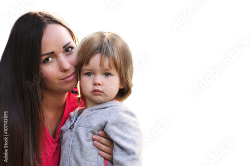 Loving mother and daughter on a white background