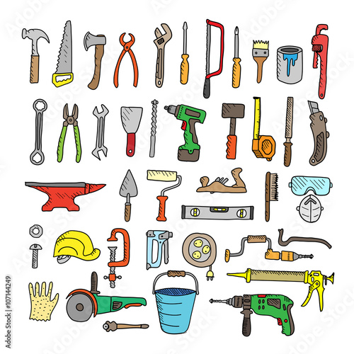 Construction tool collection - vector silhouette. Doodles. Isolated.