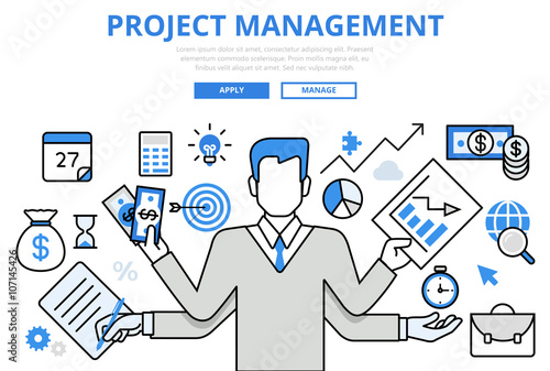 Project management business concept flat line art vector icons