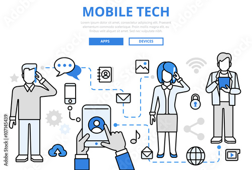 Mobile tech communication concept flat line art vector icons