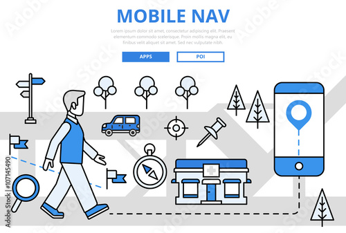Mobile navigation GPS concept flat line art vector icons