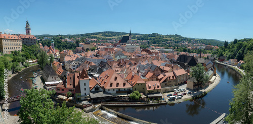 Panorama of the historical part of Cesky Krumlov with Castle and Church of St. Vitius, Czech Republic. UNESCO Heritage.