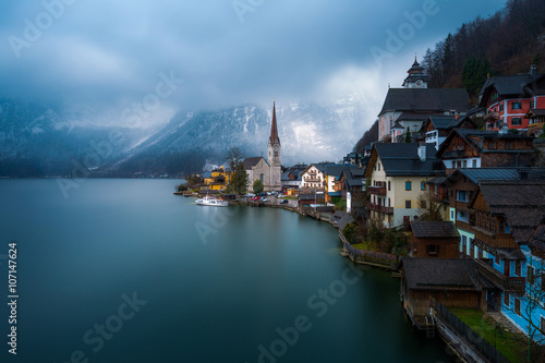 View of the Hallstatt from lake Hallstater See, Hallstatt village in Alps at dusk, Austria © Warakorn