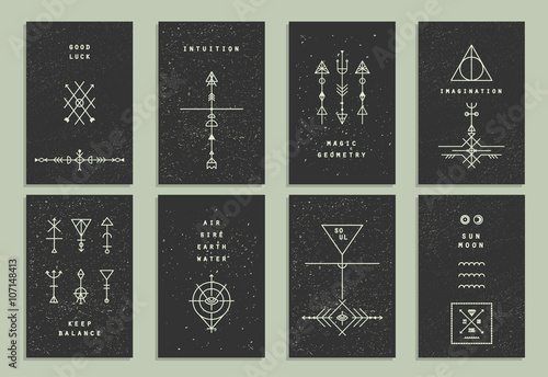 Set of vector trendy cards with geometric icons. Alchemy symbols