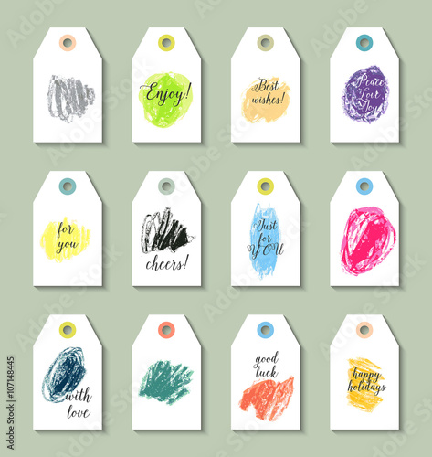 Collection of 12 Hang Tags. Hand-drawn with crayons