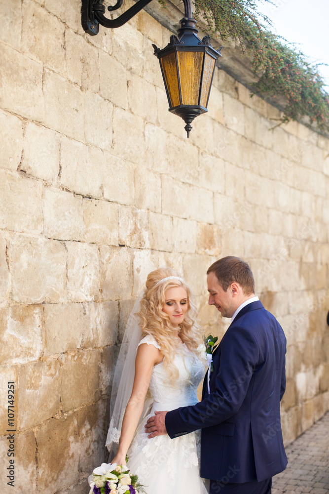 elegant stylish groom with his happy gorgeous blonde bride on th