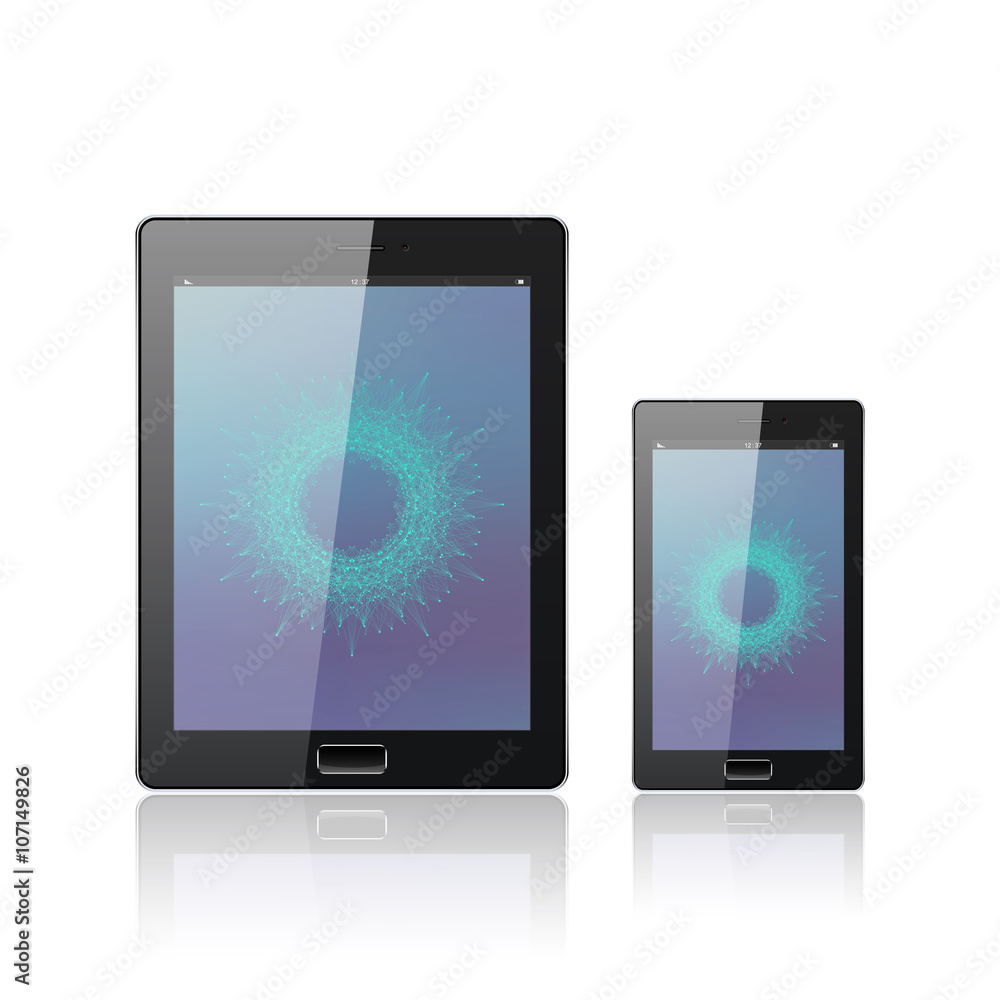 Modern digital tablet PC with mobile smartphone isolated on the white. Molecule and communication background. Science concept. Vector Illustration Modern digital tablet PC with mobile smartphone isolated on the white. Molecule and communication background. Science concept. Vector Illustration