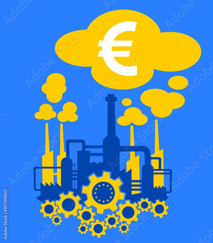 Factory in the colors of flag of European Union as metaphor of European industry and its financial profit in dollars