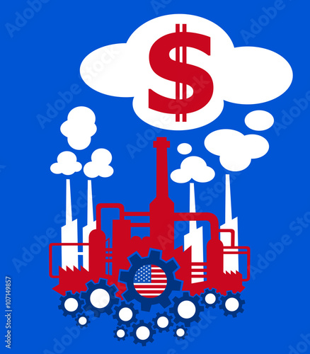 Factory in the colors of flag of United States as metaphor of American industry and its financial profit in dollars