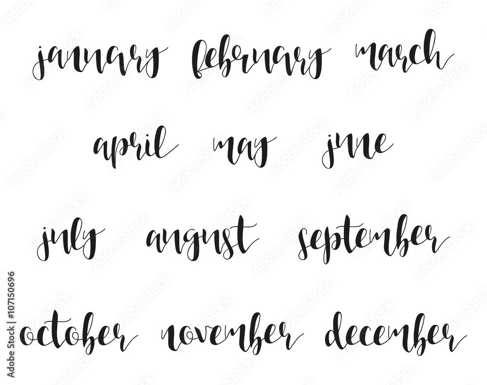 12 month names in calligraphy. Winter and summer. Spring and autumn. Time of year. Phrase in english calligraphy handmade. Stylish, modern calligraphic. Elite quote. Design brochures, posters. 12 month names in calligraphy. Winter and summer. Spring and autumn. Time of year. Phrase in english calligraphy handmade. Stylish, modern calligraphic. Elite quote. Design brochures, posters.