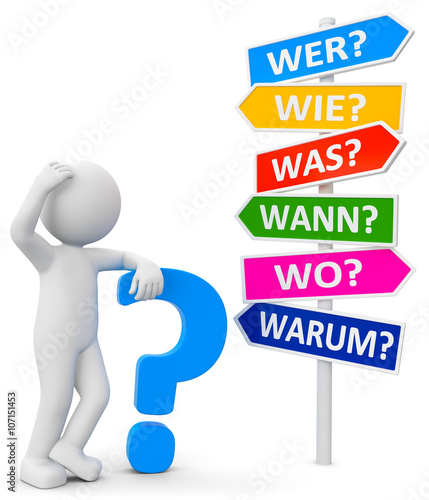 3d Männchen mit Wegweiser und W-Fragen..Männchen mit Fragezeichen auf ...