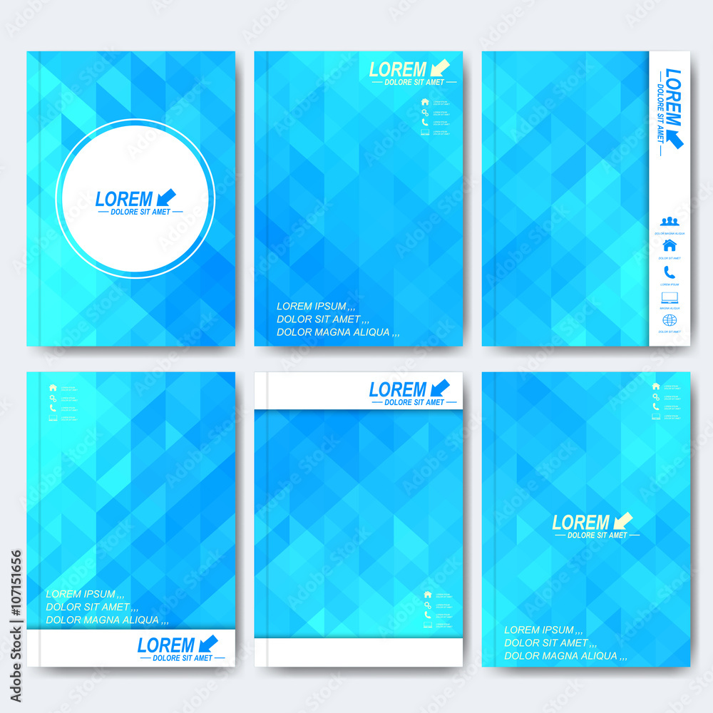Fototapeta premium Modern vector templates for brochure, flyer, cover magazine or report in A4 size. Business, science, medicine and technology design . Background with blue triangles