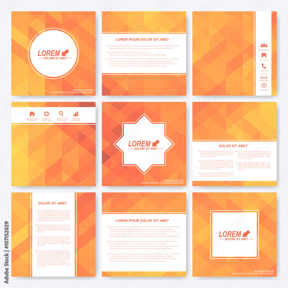 Yellow set of square template brochure. Business, science, medicine and technology design. Cover layout. Background with yellow triangles 