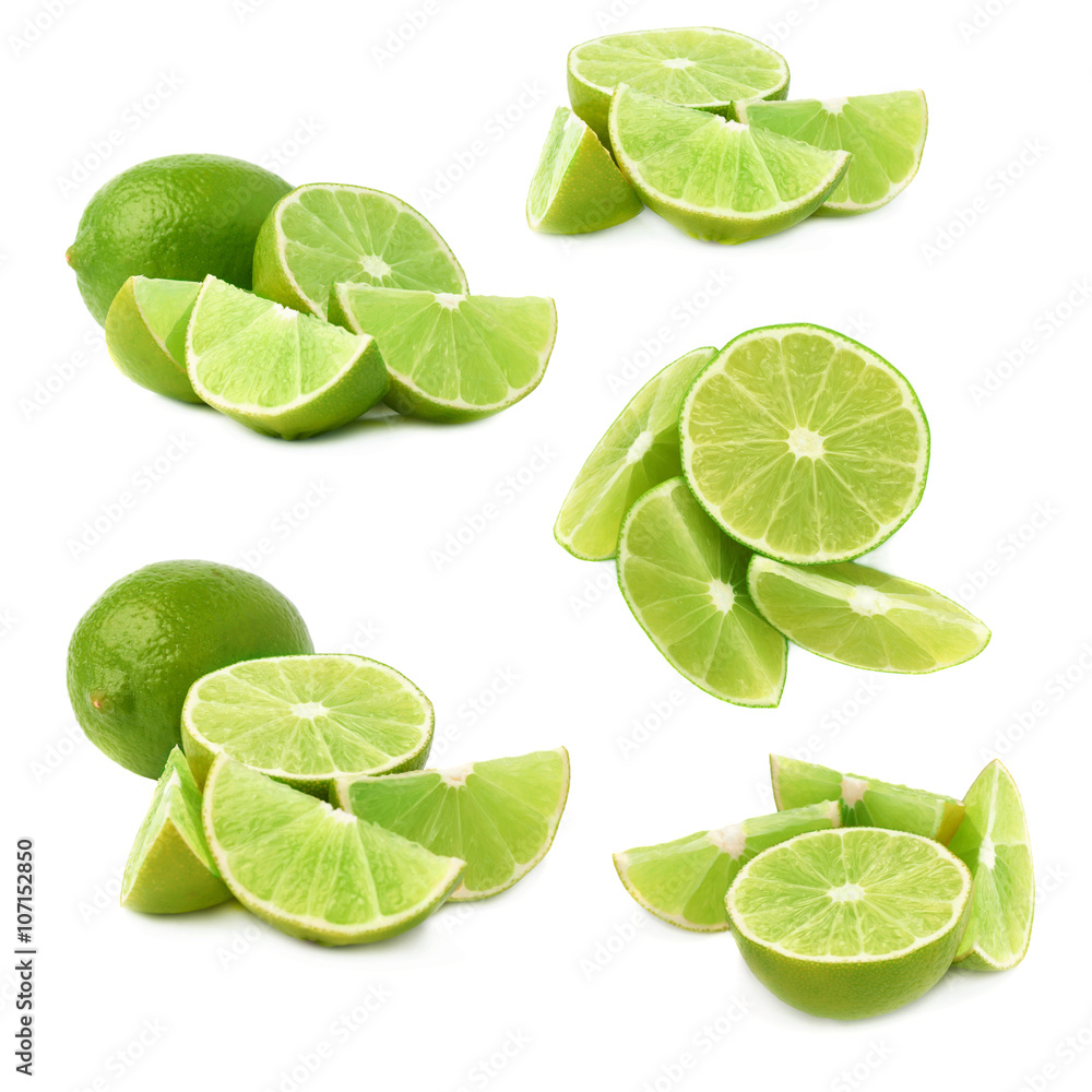 Served lime fruit composition isolated over the white background, set of different foreshortenings