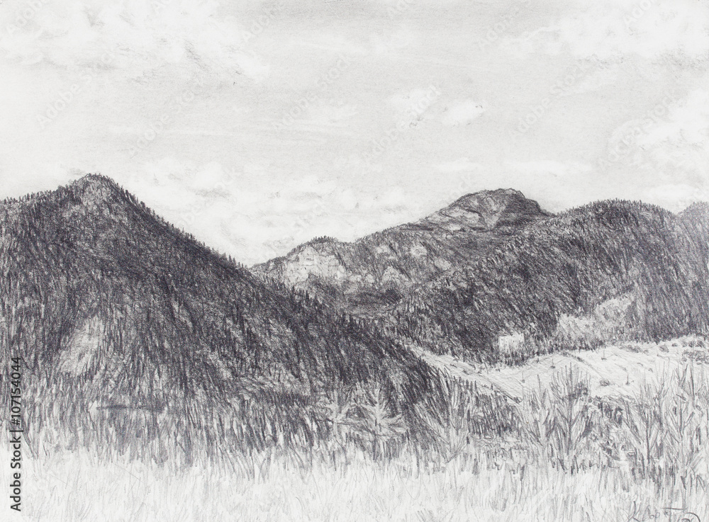 landscape painting and mountain  on old paper background.