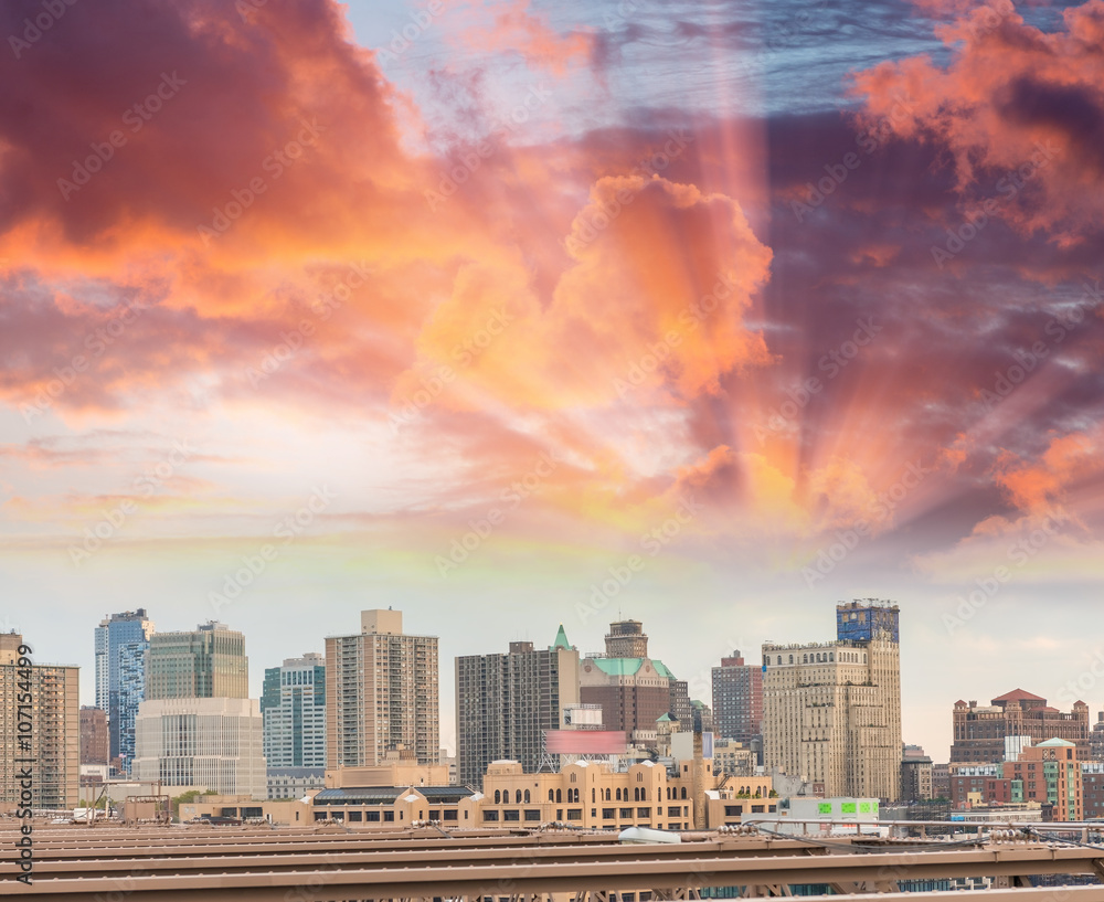 Fototapeta premium Aerial view of Downtown Manhattan at sunset, New York City