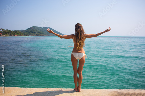 Summer portrait of fashion of the stunning woman with a suntanned suitable sexual body, wearing bright jewelry of bikini, posing on the tropical island beach with the transparent high sea.