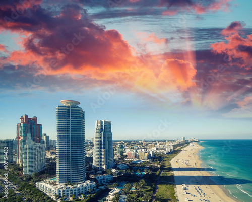 Miami Beach skyline at dusk. Aerial view
