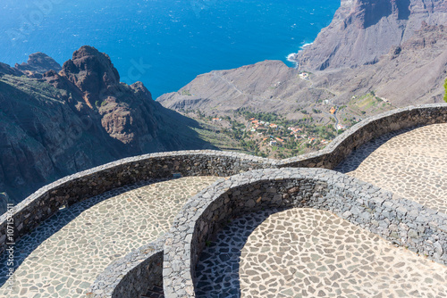 View to the canyon of Taguluche from the Mirador del Santo. Situated in the western part of Gomera near the village Arure and the Valle Gran Rey. The Mirador is named after the chapel Ermita del Santo