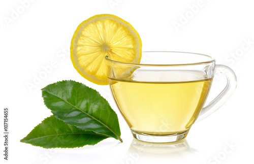 glass of lemon tea on white background