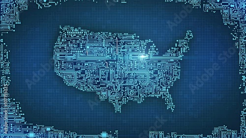 Circuitry map of the USA illustrating concepts of communication, internet and technology.