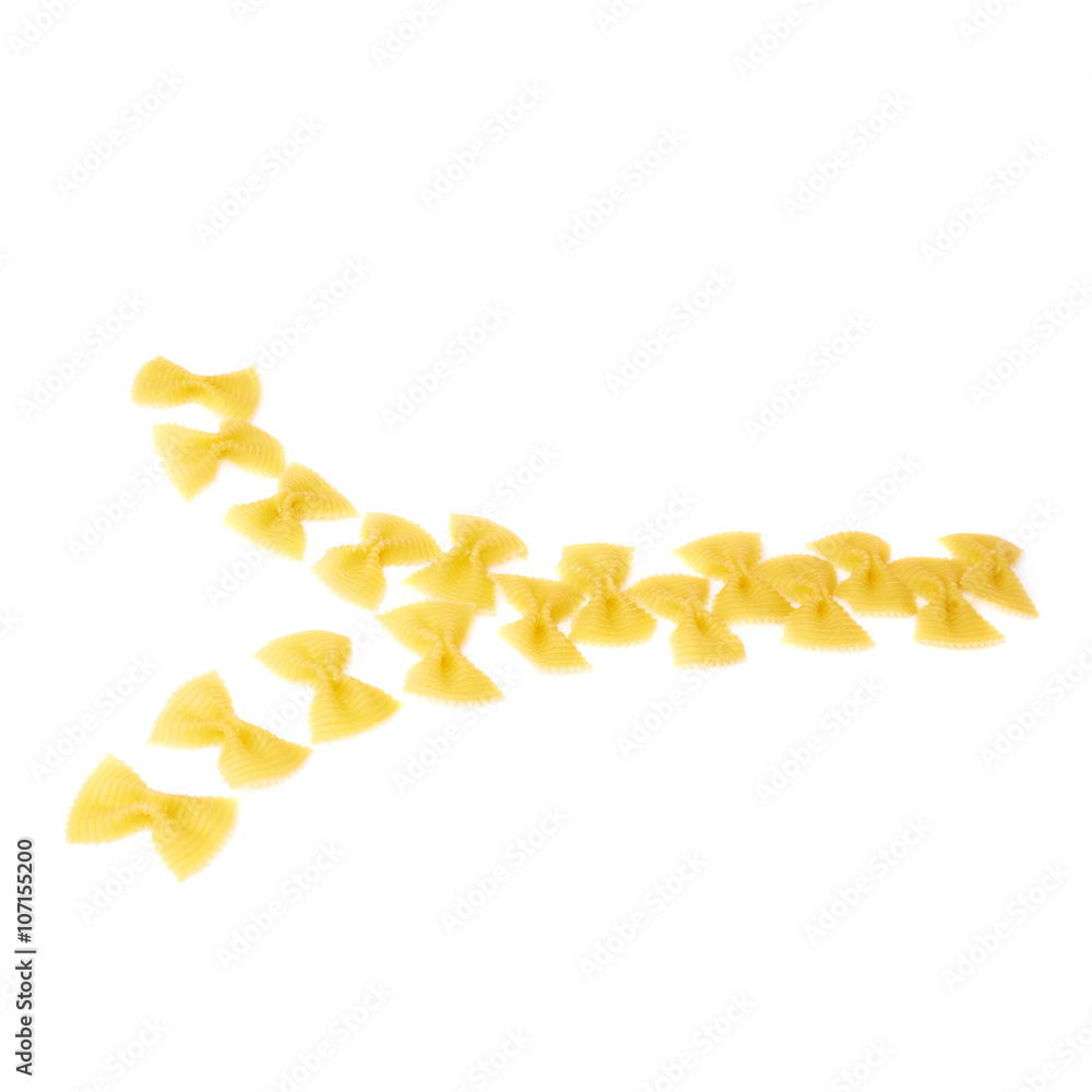 Zip made of dry farfalle pasta over isolated white background Zip made of dry farfalle pasta over isolated white background