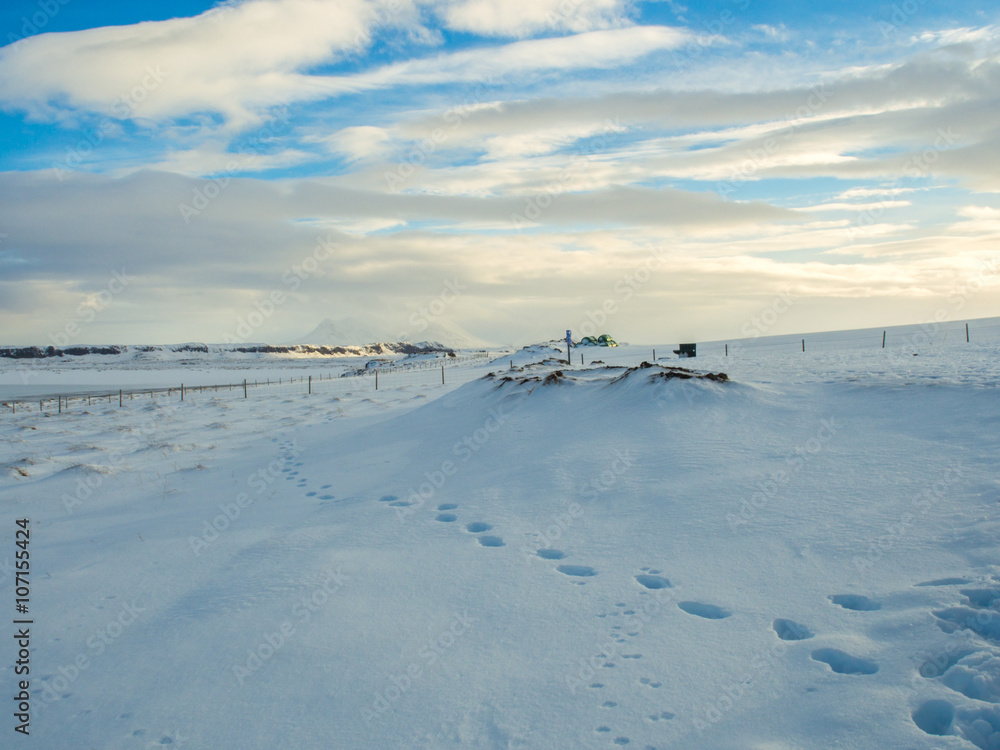 Snowy walkway in blue sky during winter Snowy walkway in blue sky during winter