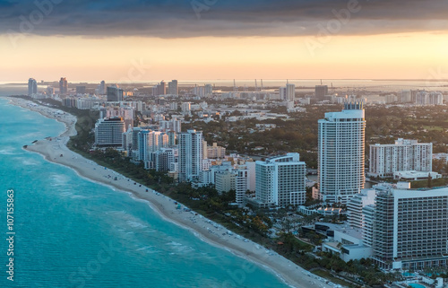 Fényképezés Miami Beach at sunset, aerial view from helicopter
