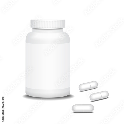 Pill medicine bottle and capsule. Vector illustration