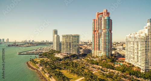 Miami Beach skyline at dusk. Aerial view