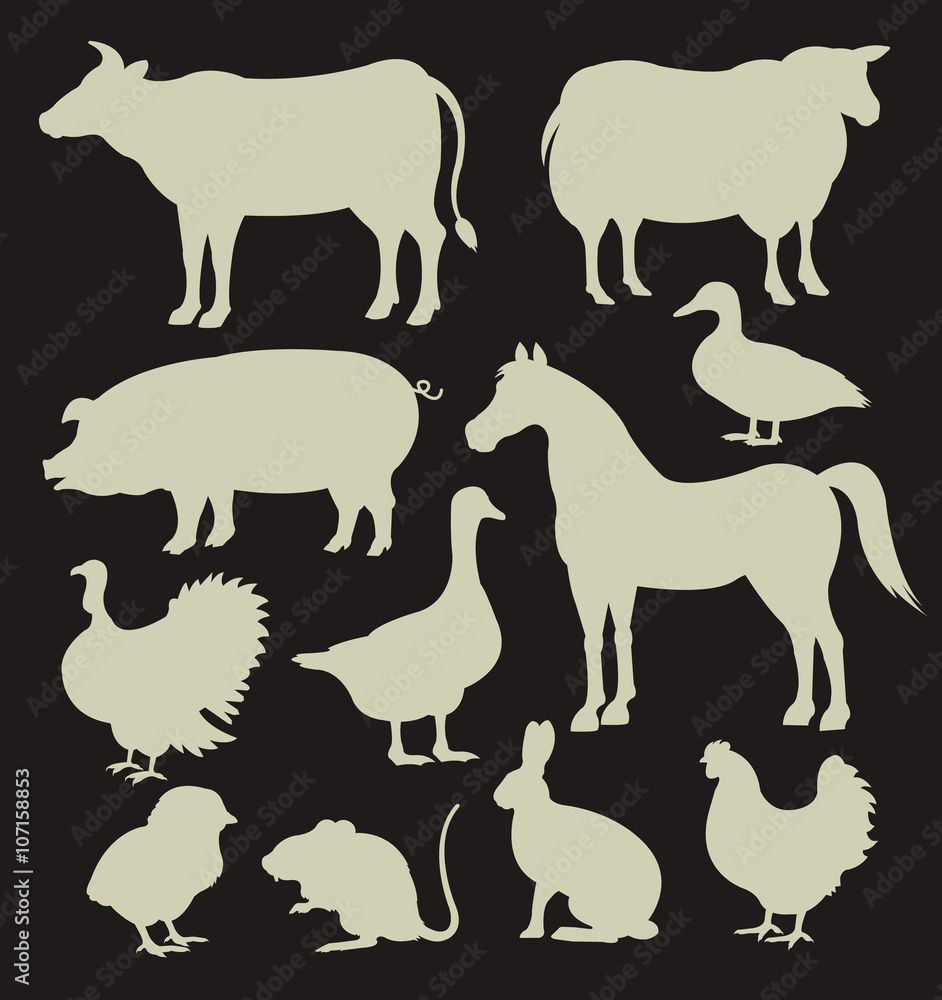 Vector farm animal white silhouettes icon set Vector farm animal white silhouettes icon set