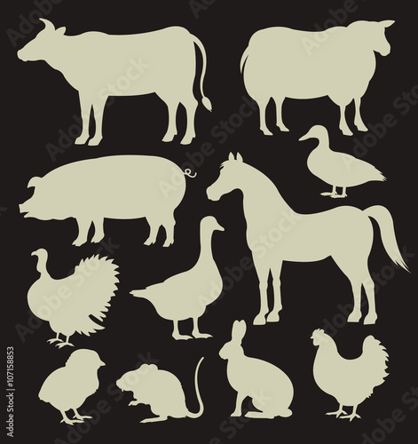 Vector farm animal white silhouettes icon set