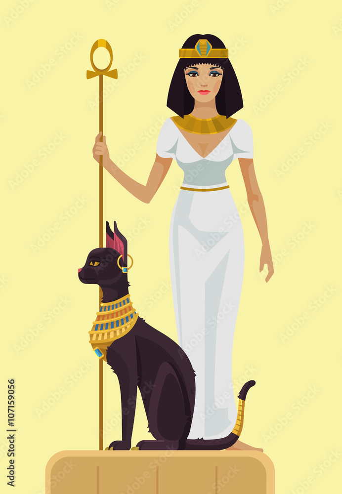 Cleopatra and black cat. Vector flat illustration Stock Vector Adobe