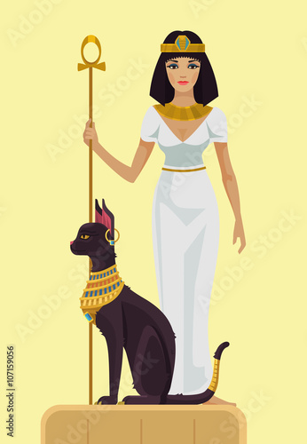 Cleopatra and black cat. Vector flat illustration