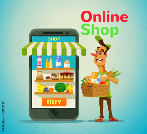 Online food shop. Vector flat illustration