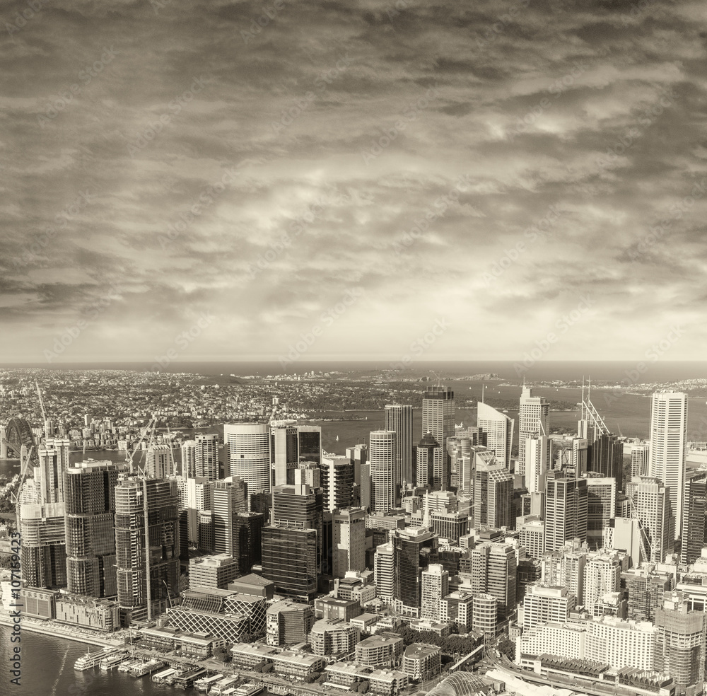 Black and white aerial skyline of Sydney, New South Wales - Aust Black and white aerial skyline of Sydney, New South Wales - Aust