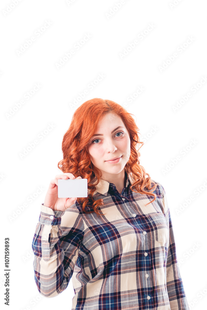 young woman holding credit card isolated on white background