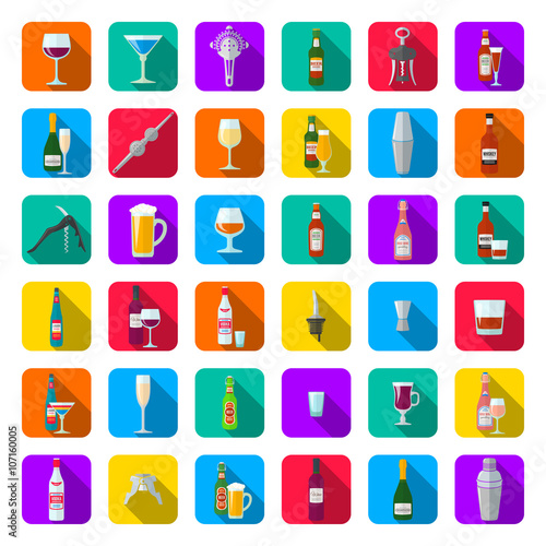 alcohol bottles glasses and barman tools icon set.