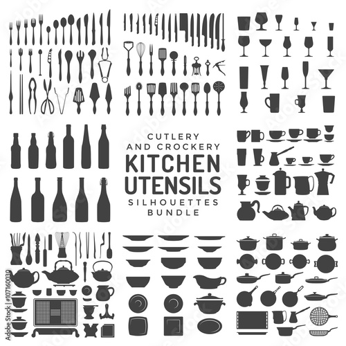 Fotografia kitchen utensils silhouettes bundle.