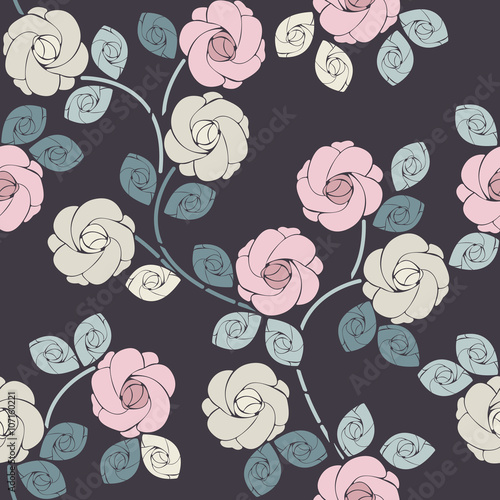 Perfect seamless pattern with beautiful roses and leaves
