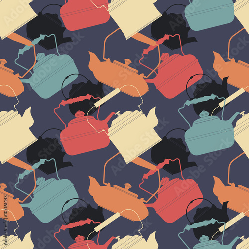 Colorful seamless pattern with different teapots