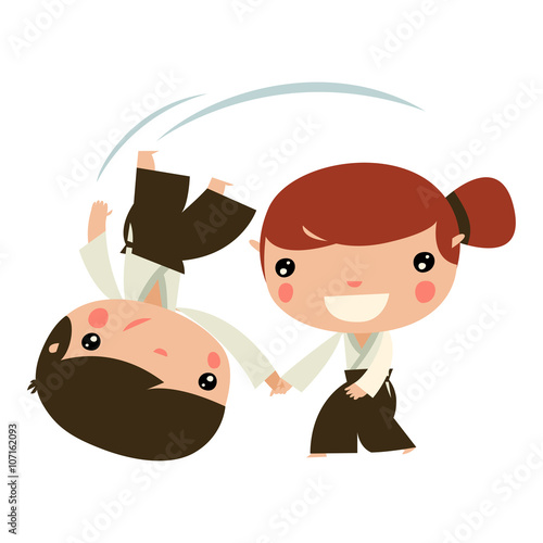 aikido kids. girl fighting a boy. asian matrial arts sparring.