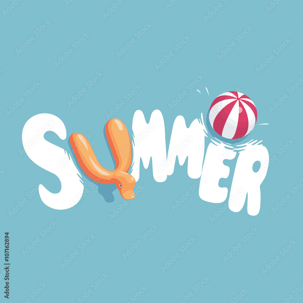 Fototapeta premium white funny letters with inflatable rubber duck swim ring and a beach ball on blue background, summer vector illustration