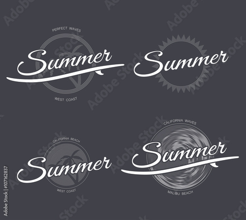 Summer logo or surfing logo with surfboard, palms trees, wave and sun in retro style on dark background, hand drawn brush lettering poster